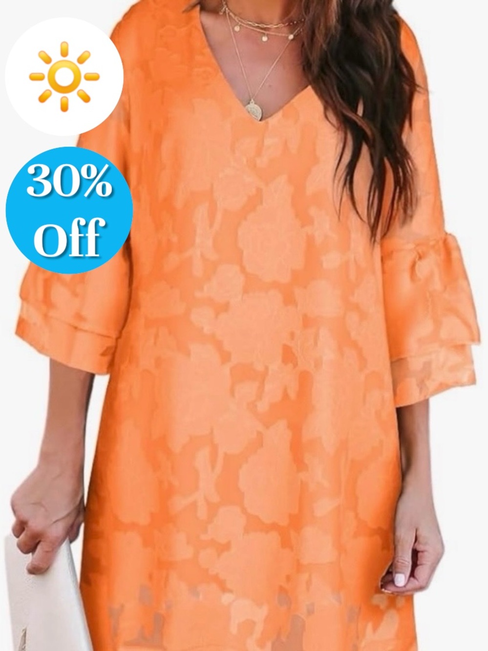 ๐ด ๐ BELONGSCI Shift Design Dress V-Neck 3/4 Bell Sleeve. Orange. Size M. NWT. - Picture 2 of 12